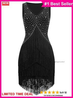 Rhinestone Fringe Latin Dance Dress Sleeveless V-Neck Tassel Ballroom Costume